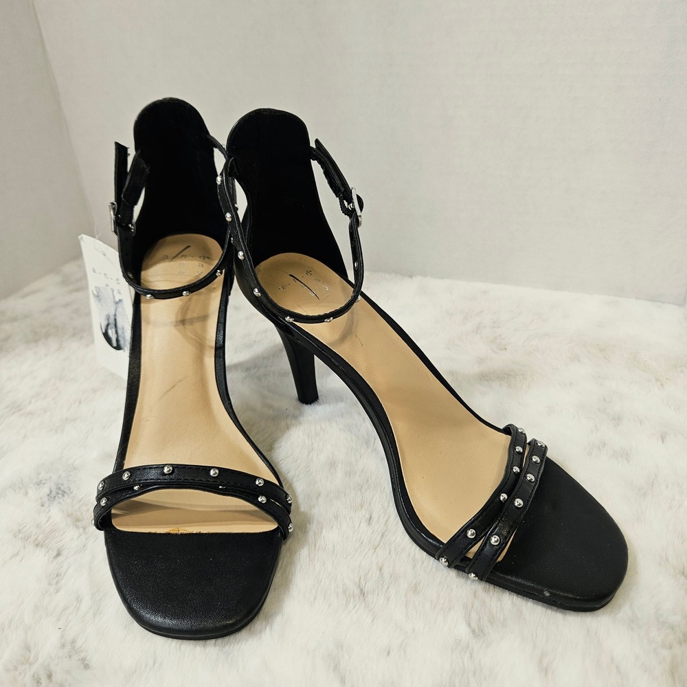 A New Day Black Enya Studded Ankle Strap Stiletto Heels 6 Edgy Chic Glam Sandals